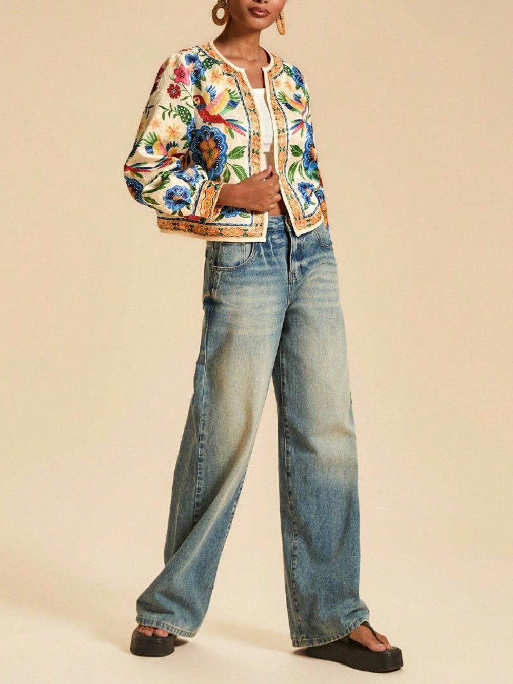 Multicolor Casual Women's Floral Print Open Front Light Boho Tropical top - Picture 4 of 7